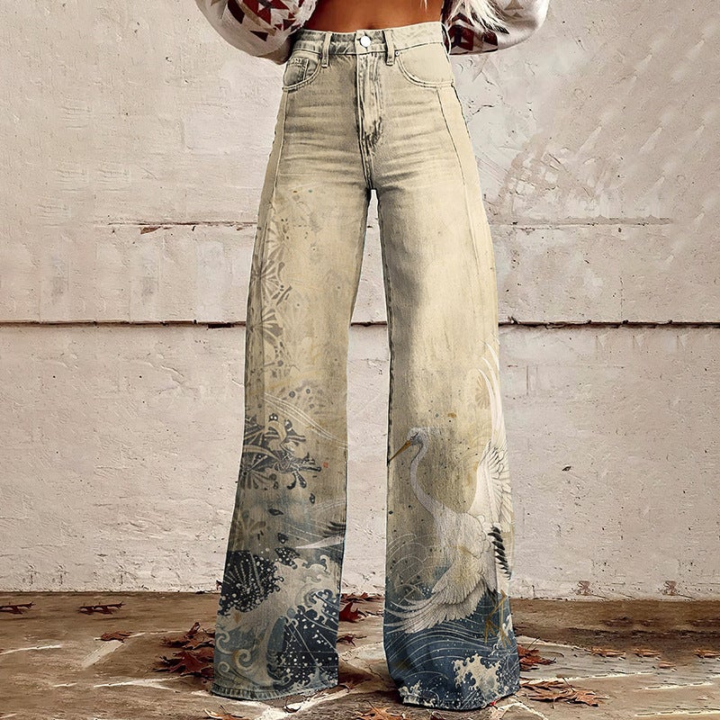 Independent Station 2024 Explosions Ladies Wide Leg Pants New 3D Thermal Transfer Bell Pants Simulation Denim Pants - Image 2